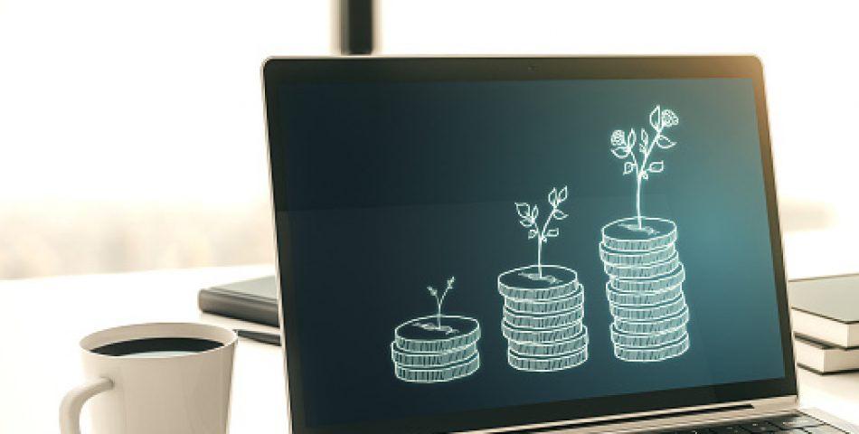 Creative abstract money savings sketch on modern laptop monitor, accumulation and growth of money concept. 3D Rendering Creative abstract money savings sketch on modern laptop monitor, accumulation and growth of money concept. 3D Rendering
